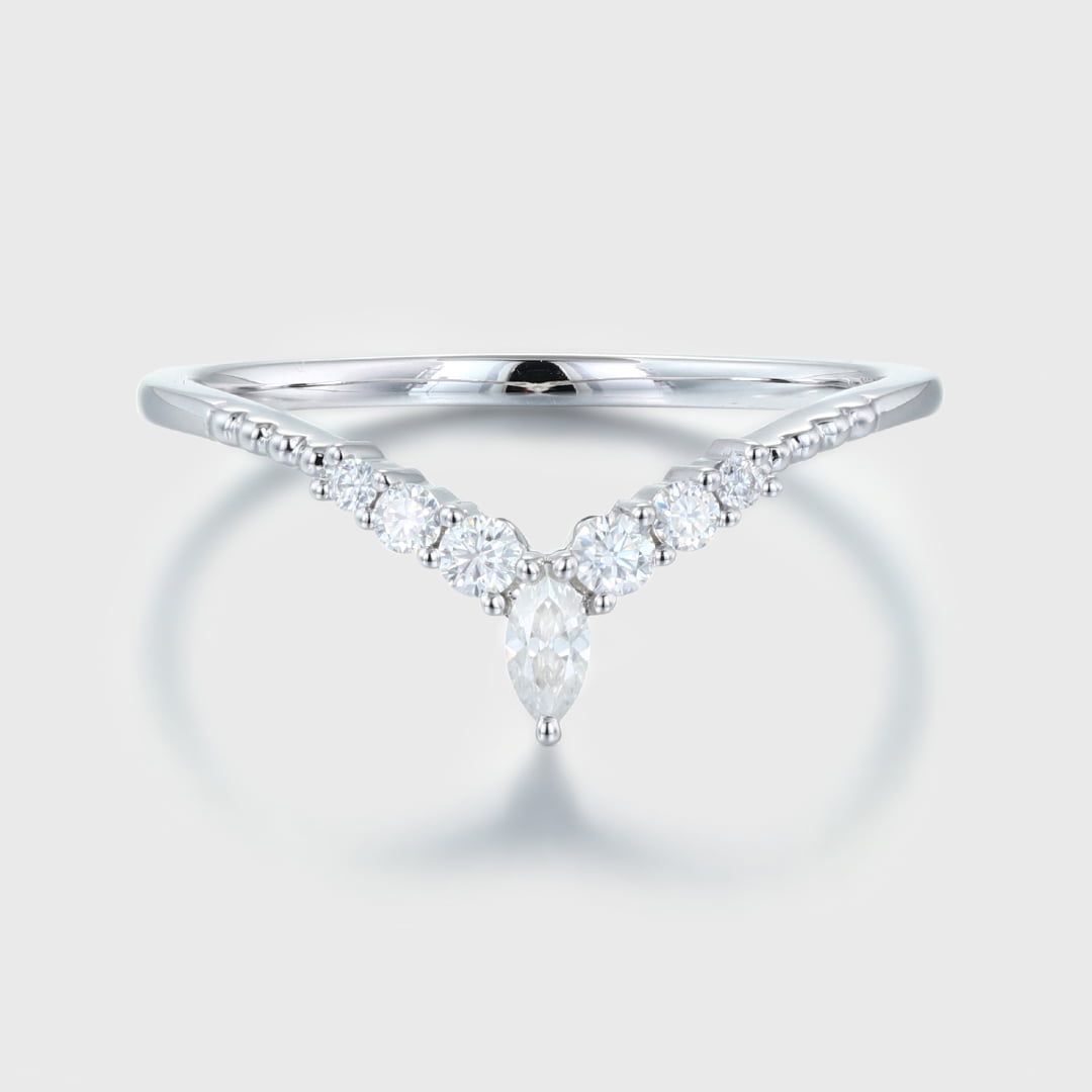 Diamond Wedding band Curved Wedding Band White gold Marquise moissanite Wedding Band Unique Vintage Matching ring Bridal promise gift