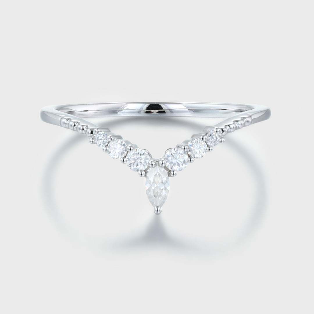 Diamond Wedding band Curved Wedding Band White gold Marquise moissanite Wedding Band Unique Vintage Matching ring Bridal promise gift