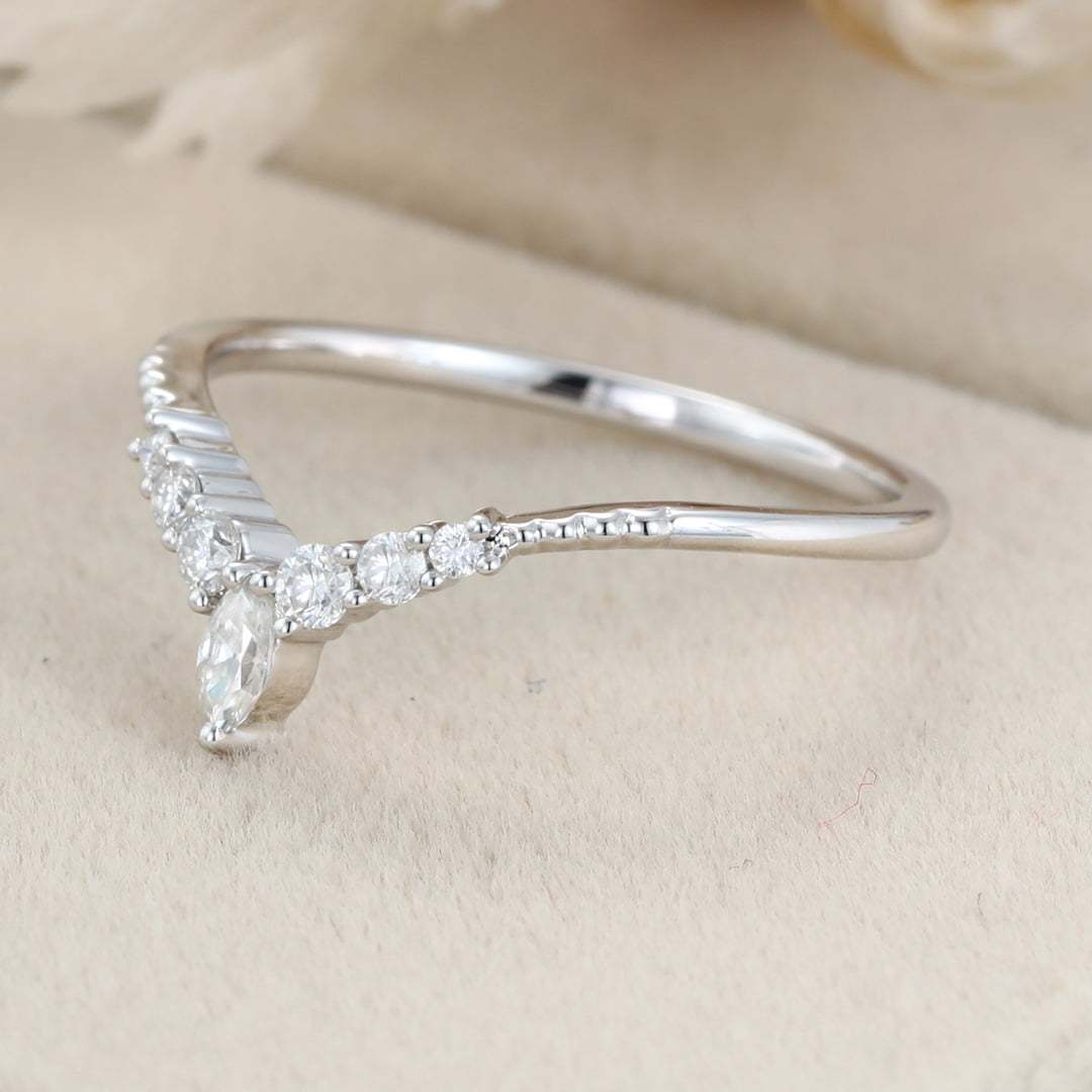 Diamond Wedding band Curved Wedding Band White gold Marquise moissanite Wedding Band Unique Vintage Matching ring Bridal promise gift