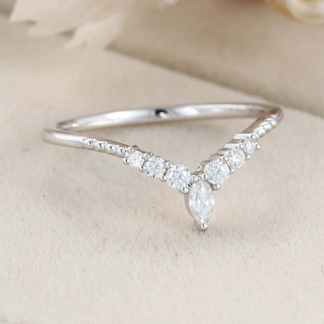 Diamond Wedding band Curved Wedding Band White gold Marquise moissanite Wedding Band Unique Vintage Matching ring Bridal promise gift