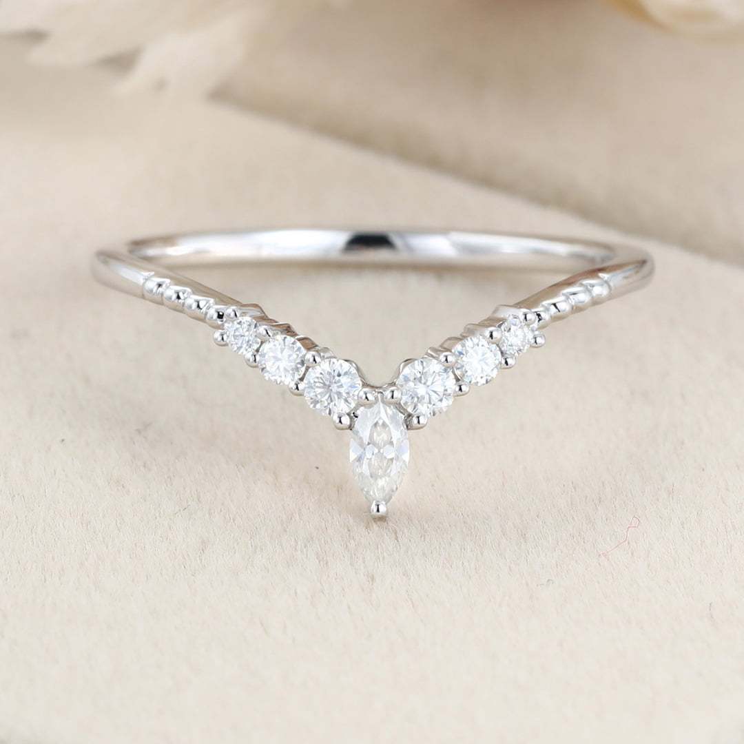 Diamond Wedding band Curved Wedding Band White gold Marquise moissanite Wedding Band Unique Vintage Matching ring Bridal promise gift
