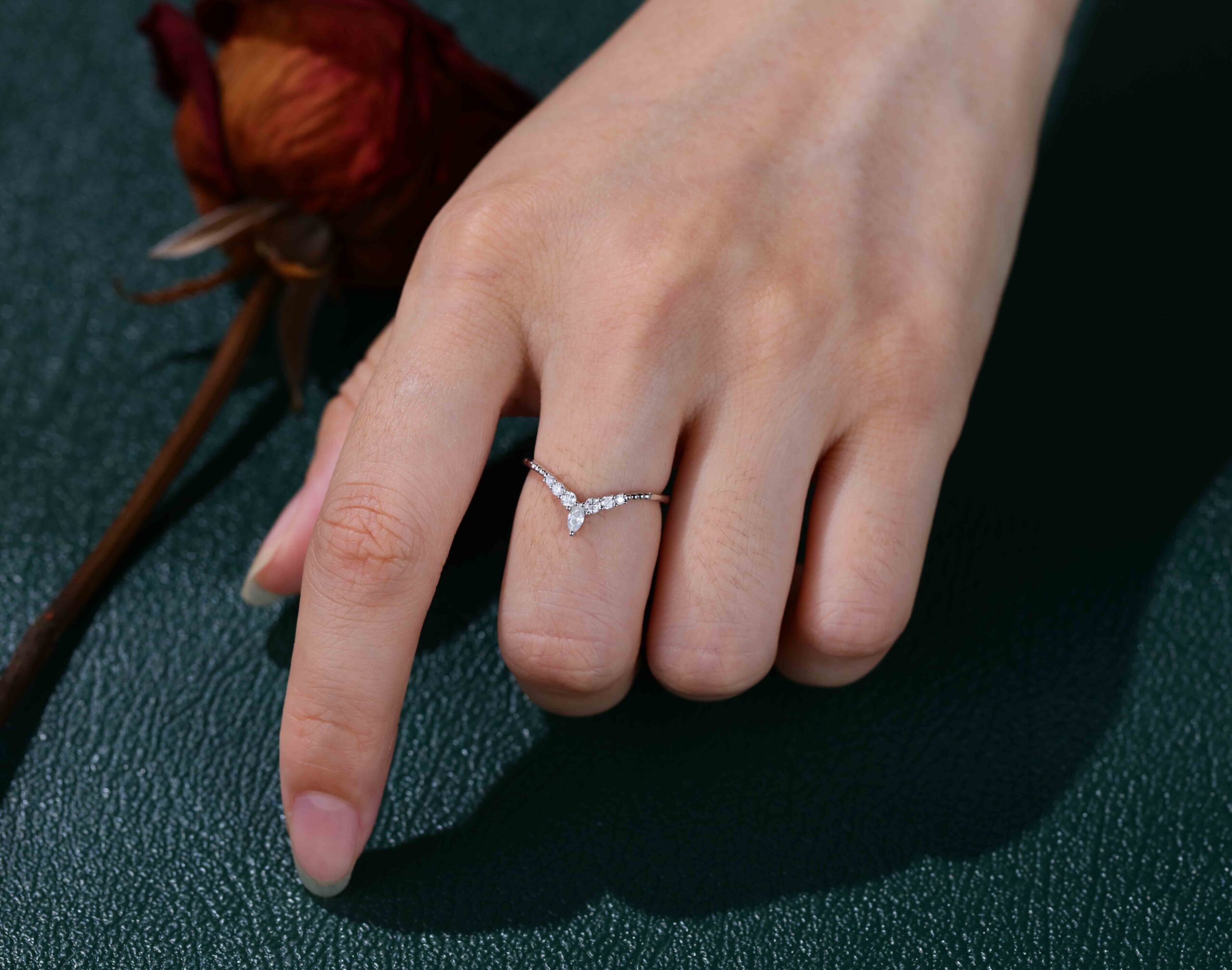 Diamond Wedding band Curved Wedding Band White gold Marquise moissanite Wedding Band Unique Vintage Matching ring Bridal promise gift