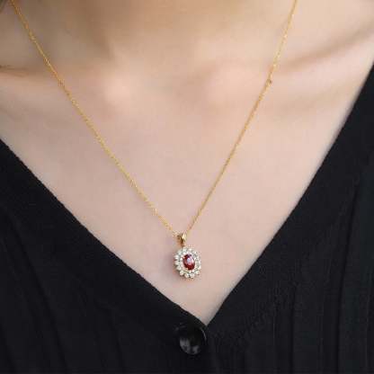 Diamond and Ruby halo pendant necklace 18k Yellow gold