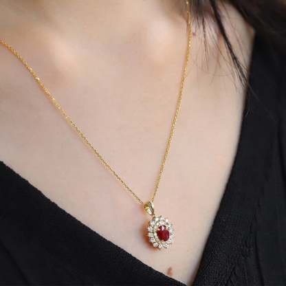 Diamond and Ruby halo pendant necklace 18k Yellow gold