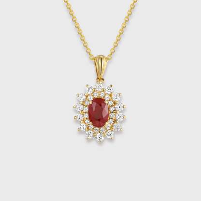 Diamond and Ruby Halo Pendant Necklace 18k Yellow Gold