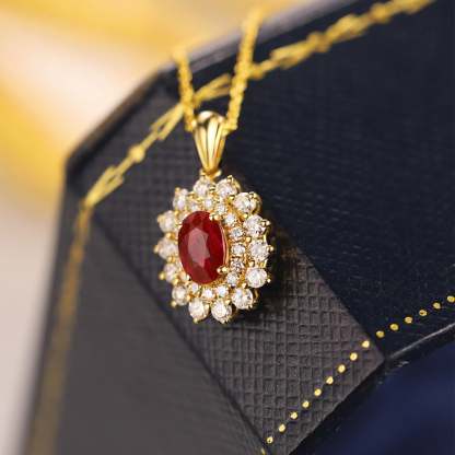 Diamond and Ruby halo pendant necklace 18k Yellow gold