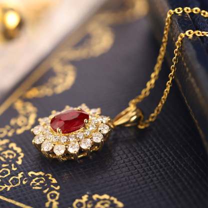 Diamond and Ruby halo pendant necklace 18k Yellow gold