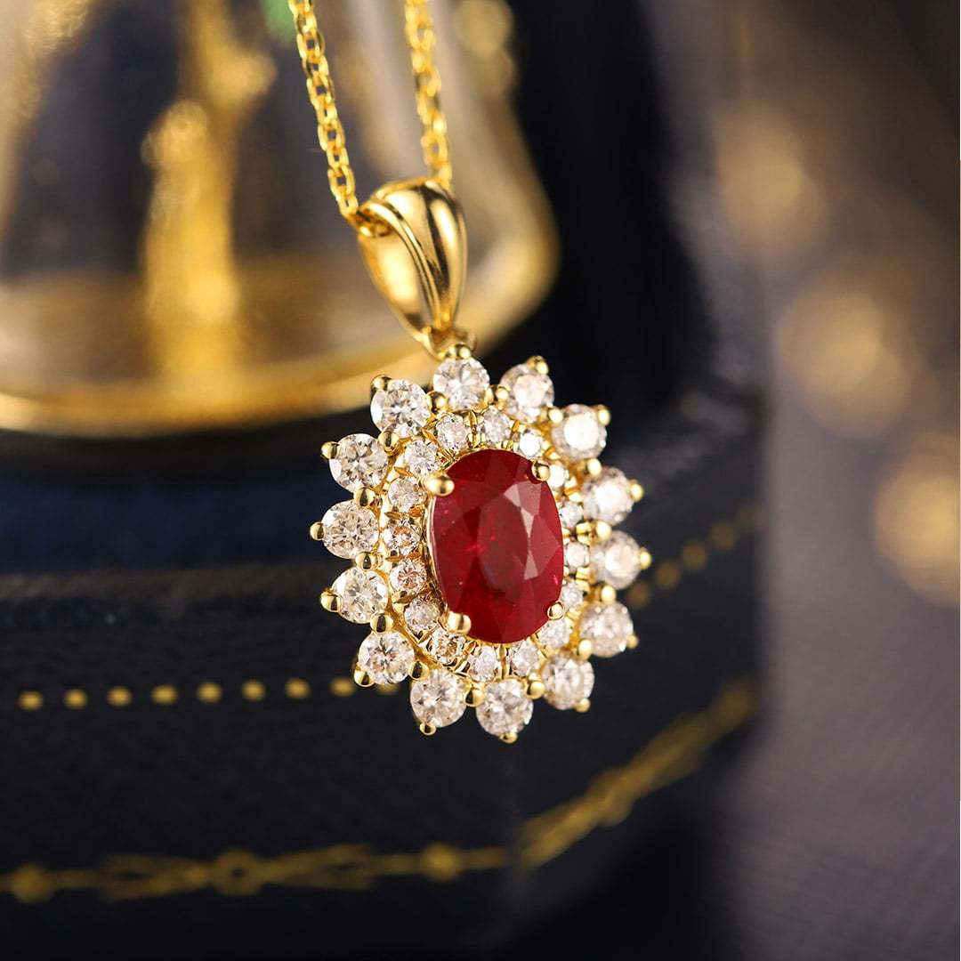 Diamond and Ruby halo pendant necklace 18k Yellow gold