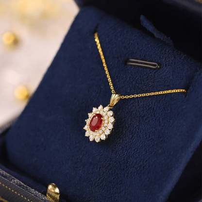 Diamond and Ruby halo pendant necklace 18k Yellow gold