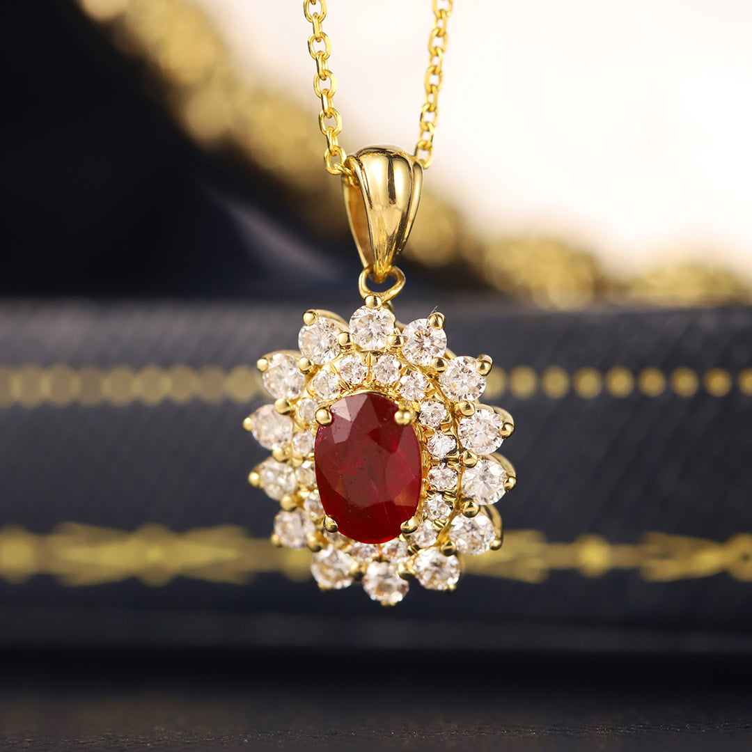 Diamond and Ruby halo pendant necklace 18k Yellow gold