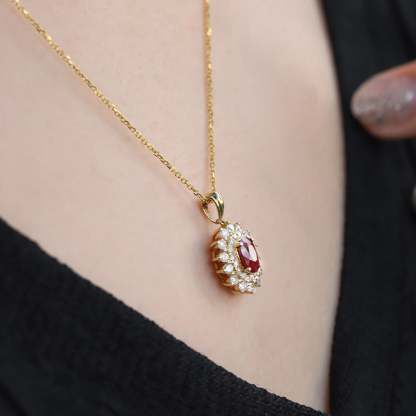 Diamond and Ruby halo pendant necklace 18k Yellow gold