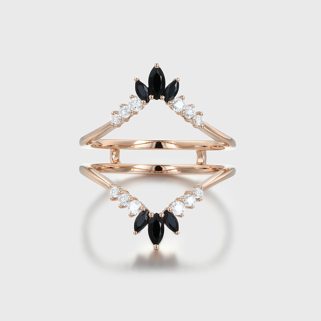 Double curved wedding Band Moissanite ring vintage rose gold Black Onyx marquise stacking matching Bridal wedding Promise ring Anniversary