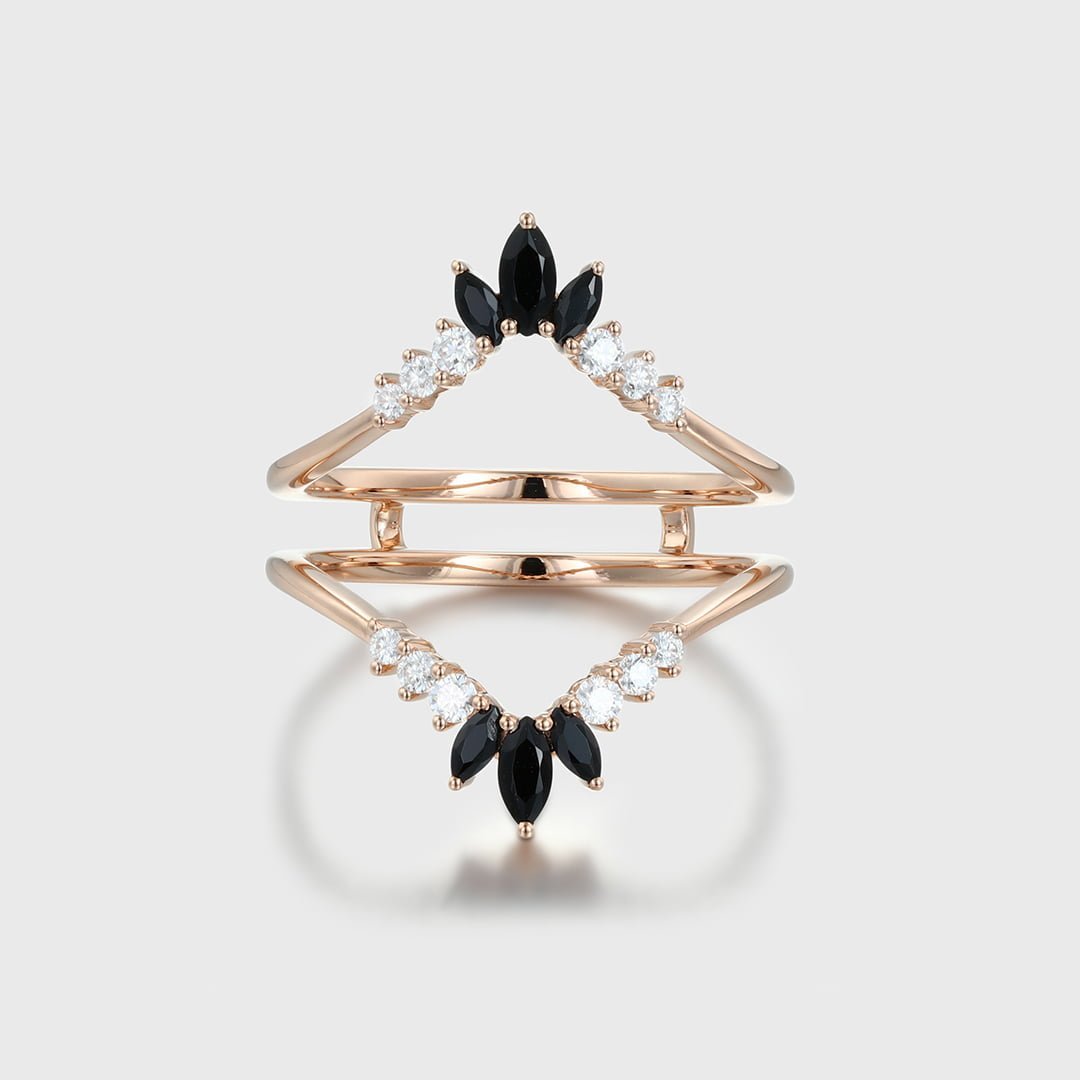 Double curved wedding Band Moissanite ring vintage rose gold Black Onyx marquise stacking matching Bridal wedding Promise ring Anniversary
