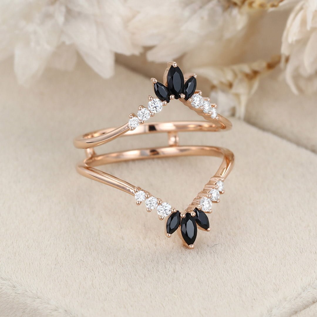 Double curved wedding Band Moissanite ring vintage rose gold Black Onyx marquise stacking matching Bridal wedding Promise ring Anniversary