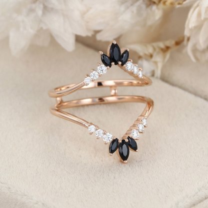 Double curved wedding Band Moissanite ring vintage rose gold Black Onyx marquise stacking matching Bridal wedding Promise ring Anniversary