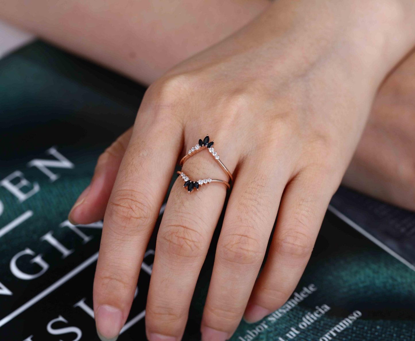 Double curved wedding Band Moissanite ring vintage rose gold Black Onyx marquise stacking matching Bridal wedding Promise ring Anniversary