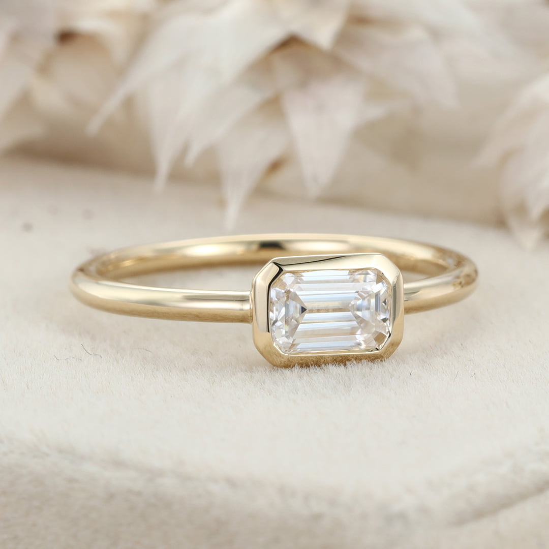 East West Bezel Emerald Cut Moissanite Engagement Ring Solitaire 14K Yellow Gold Wedding Ring