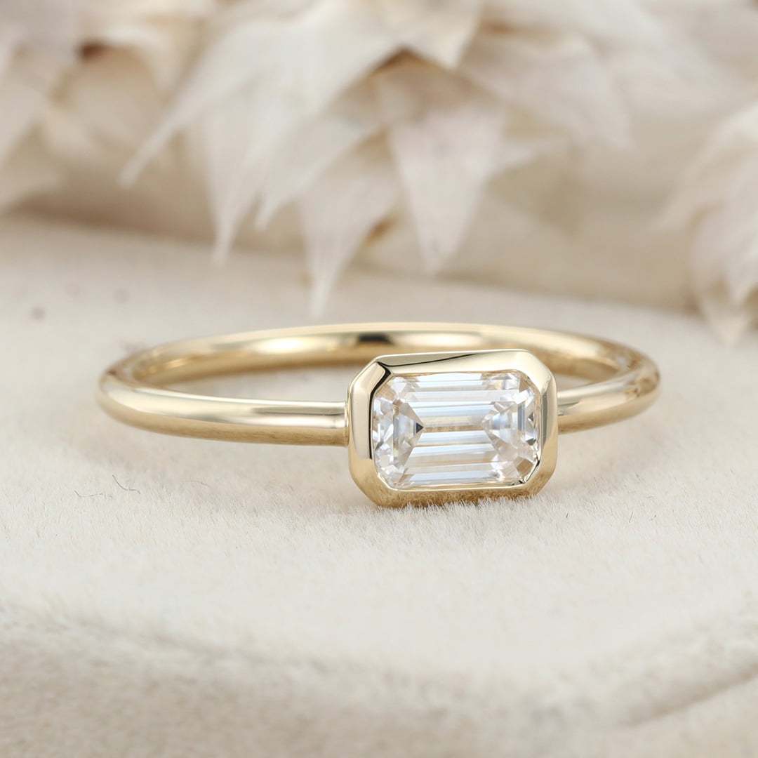 East West Bezel Emerald Cut Moissanite Engagement Ring Solitaire 14K Yellow Gold Wedding Ring