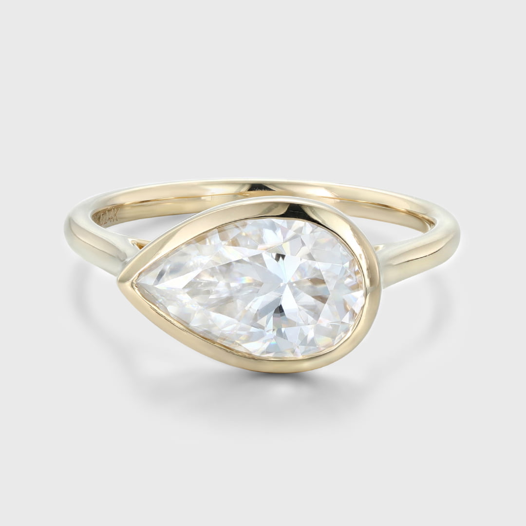 East West Bezel Engagement Ring 2.5CT Pear Shaped Moissanite Solitaire Wedding Ring 14K Solid Gold