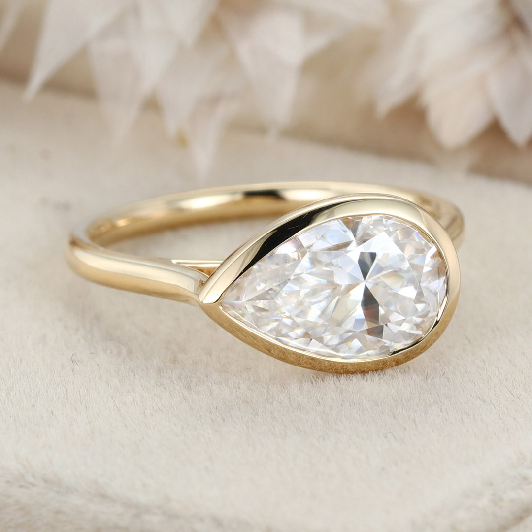 East West Bezel Engagement Ring 2.5CT Pear Shaped Moissanite Solitaire Wedding Ring 14K Solid Gold