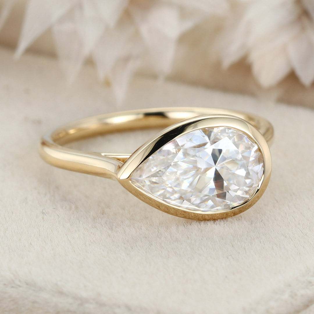 East West Bezel Engagement Ring 2.5CT Pear Shaped Moissanite Solitaire Wedding Ring 14K Solid Gold