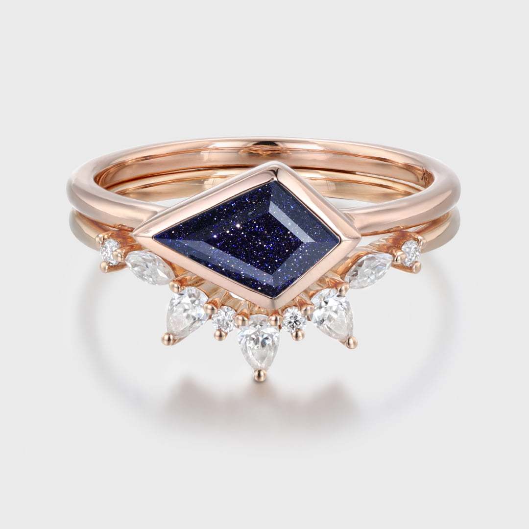 East West Bezel Engagement Ring Bezel Set Kite Cut Blue Sandstone Ring Set Rose Gold Diamond Wedding Art Deco Ring Gift
