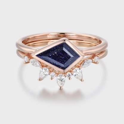 East West Bezel Engagement Ring Bezel Set Kite Cut Blue Sandstone Ring Set Rose Gold Diamond Wedding Art Deco Ring Gift