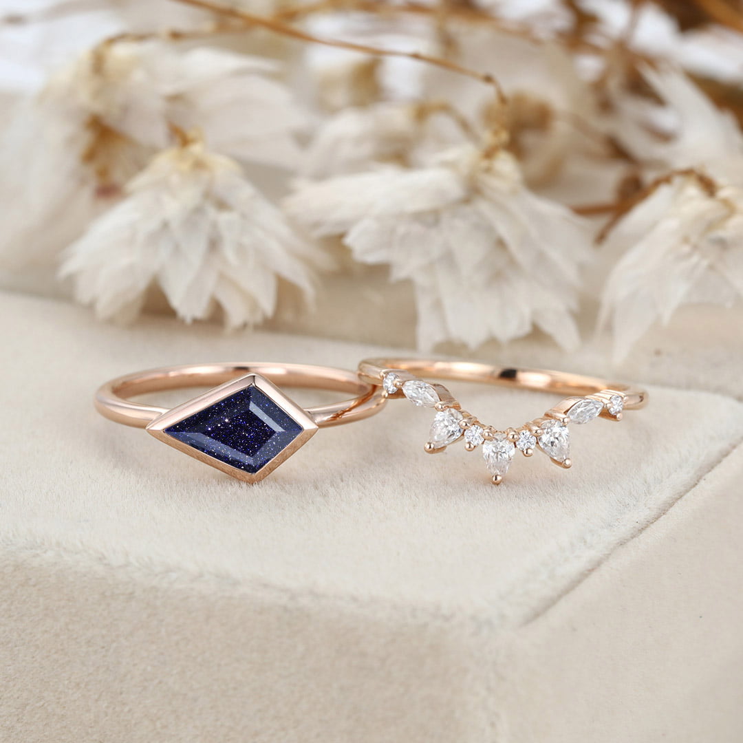 East West Bezel Engagement Ring Bezel Set Kite Cut Blue Sandstone Ring Set Rose Gold Diamond Wedding Art Deco Ring Gift