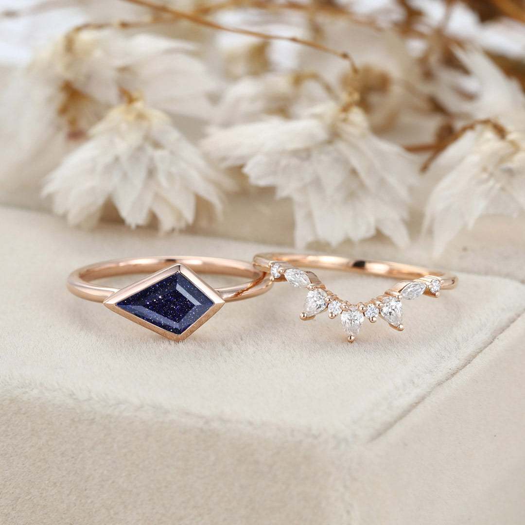 East West Bezel Engagement Ring Bezel Set Kite Cut Blue Sandstone Ring Set Rose Gold Diamond Wedding Art Deco Ring Gift