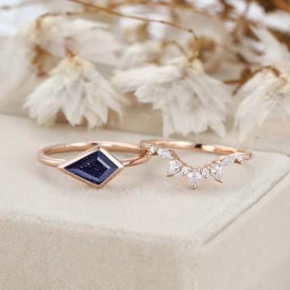 East West Bezel Engagement Ring Bezel Set Kite Cut Blue Sandstone Ring Set Rose Gold Diamond Wedding Art Deco Ring Gift