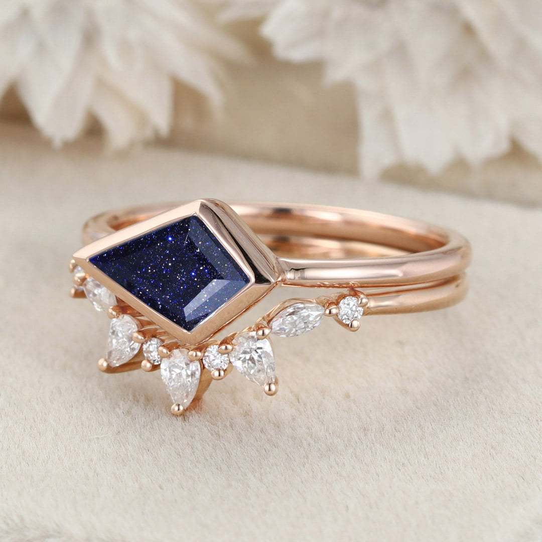 East West Bezel Engagement Ring Bezel Set Kite Cut Blue Sandstone Ring Set Rose Gold Diamond Wedding Art Deco Ring Gift