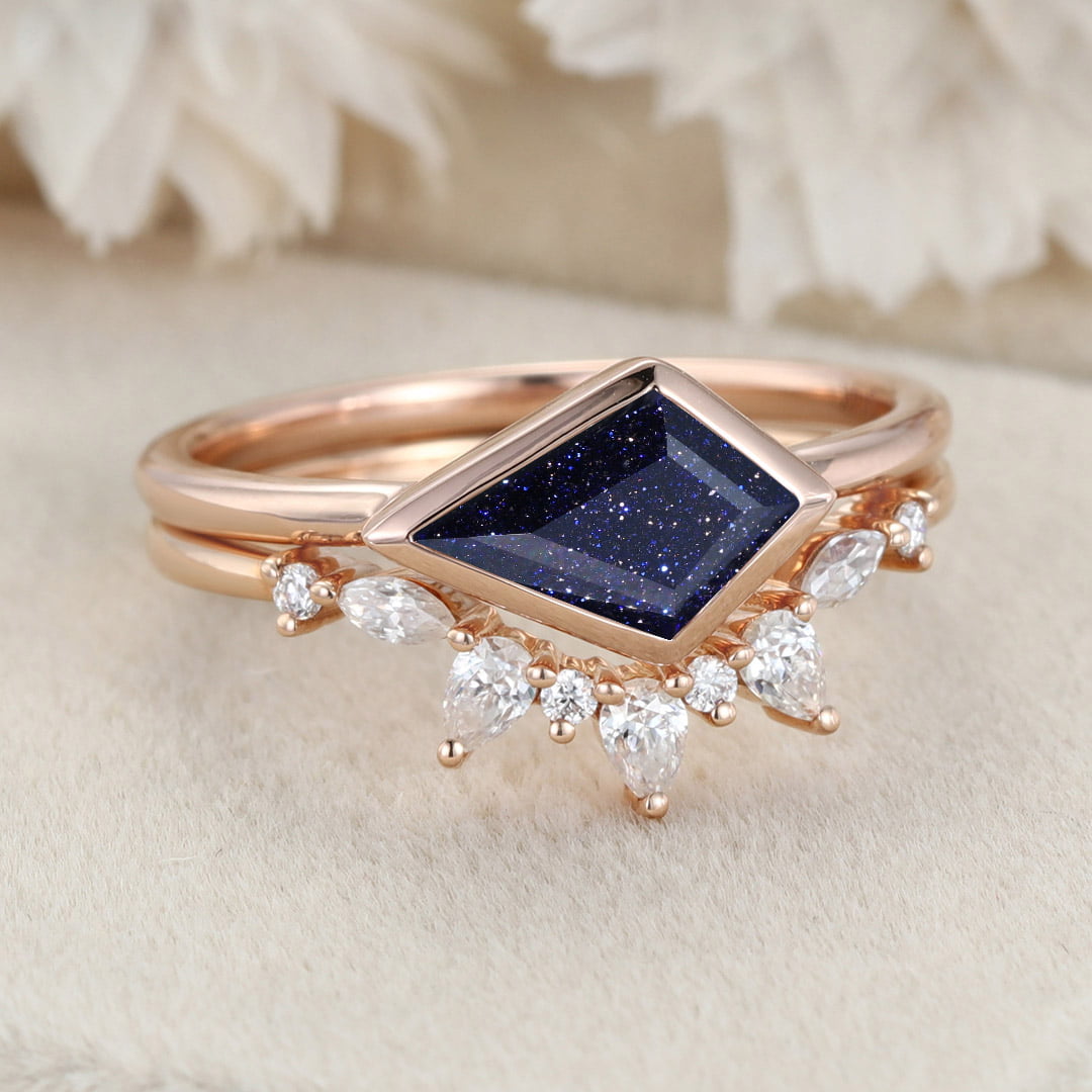 East West Bezel Engagement Ring Bezel Set Kite Cut Blue Sandstone Ring Set Rose Gold Diamond Wedding Art Deco Ring Gift