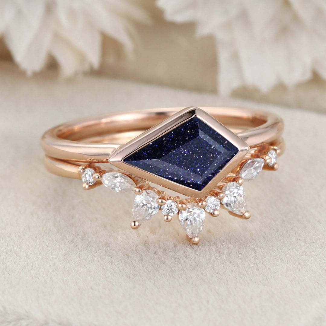 East West Bezel Engagement Ring Bezel Set Kite Cut Blue Sandstone Ring Set Rose Gold Diamond Wedding Art Deco Ring Gift