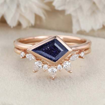East West Bezel Engagement Ring Bezel Set Kite Cut Blue Sandstone Ring Set Rose Gold Diamond Wedding Art Deco Ring Gift