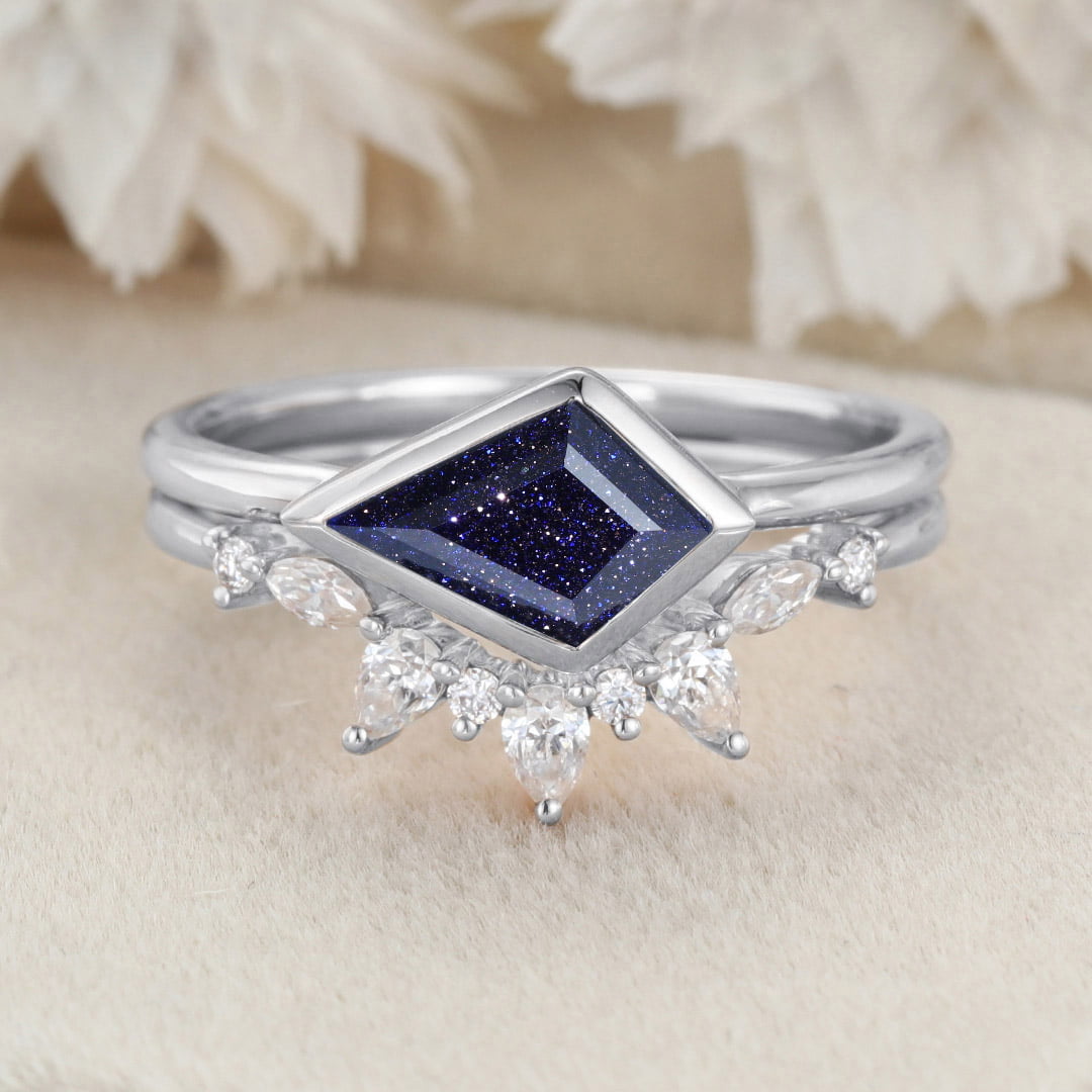 East West Bezel Engagement Ring Bezel Set Kite Cut Blue Sandstone Ring Set Rose Gold Diamond Wedding Art Deco Ring Gift