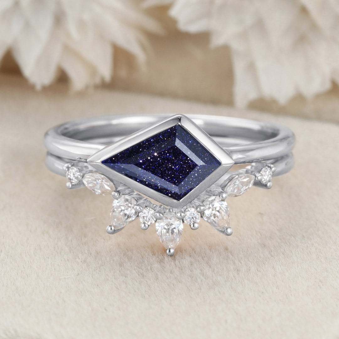 East West Bezel Engagement Ring Bezel Set Kite Cut Blue Sandstone Ring Set Rose Gold Diamond Wedding Art Deco Ring Gift