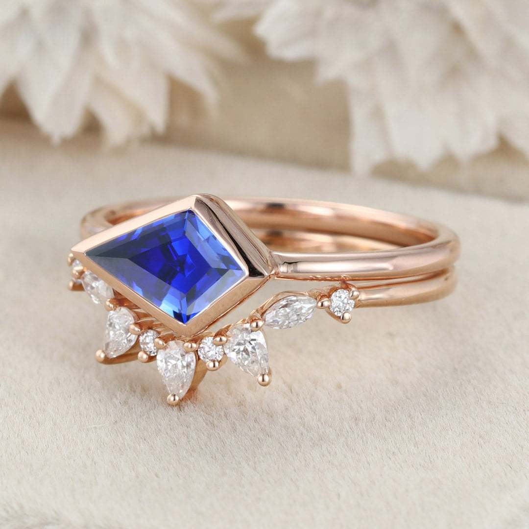East West Bezel Engagement Ring Bezel Set Lab Sapphire Ring Set Rose Gold Moissanite Wedding Ring September birthstone