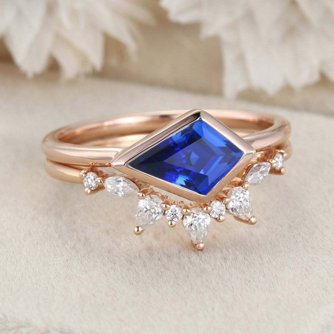 East West Bezel Engagement Ring Bezel Set Lab Sapphire Ring Set Rose Gold Moissanite Wedding Ring September birthstone