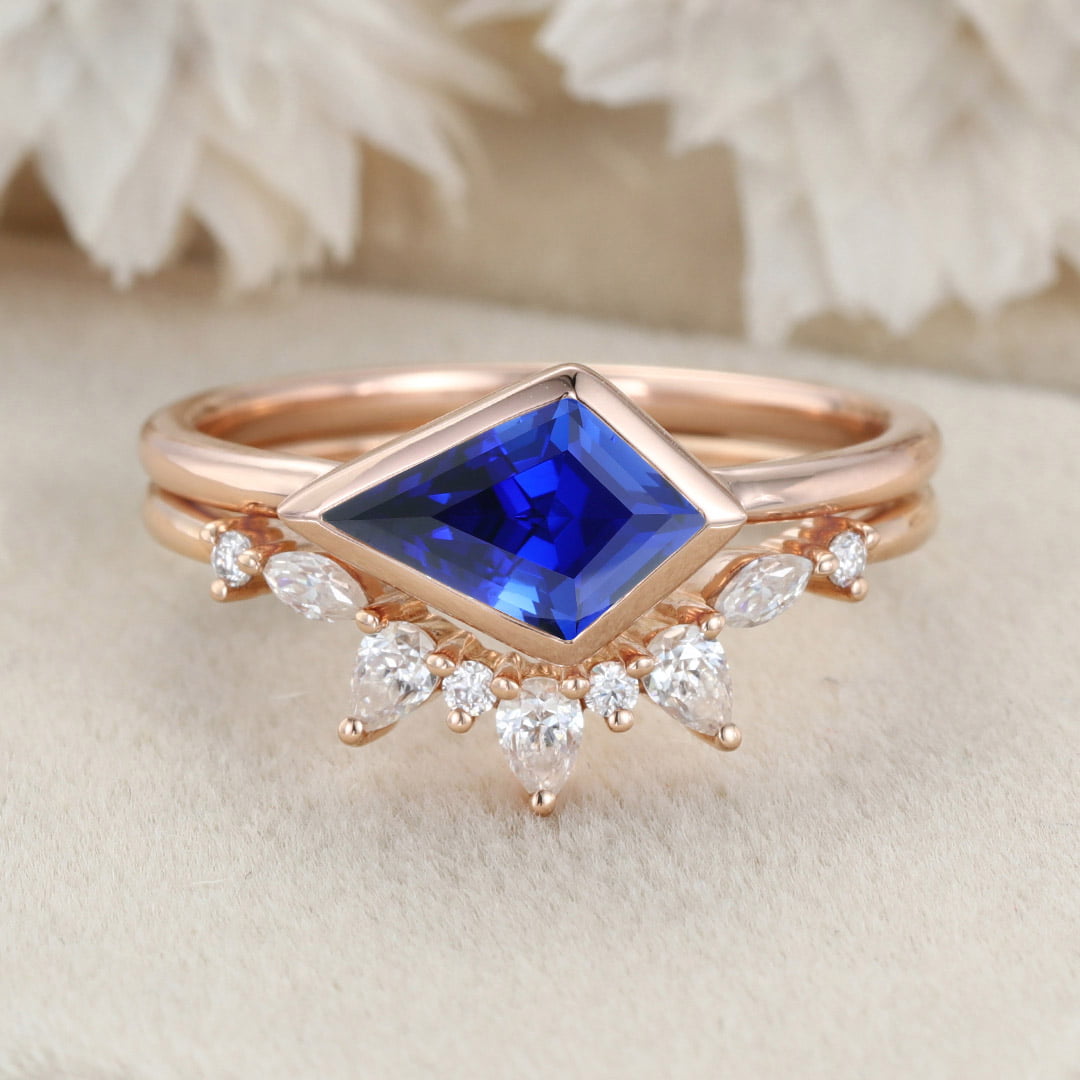 East West Bezel Engagement Ring Bezel Set Lab Sapphire Ring Set Rose Gold Moissanite Wedding Ring September birthstone