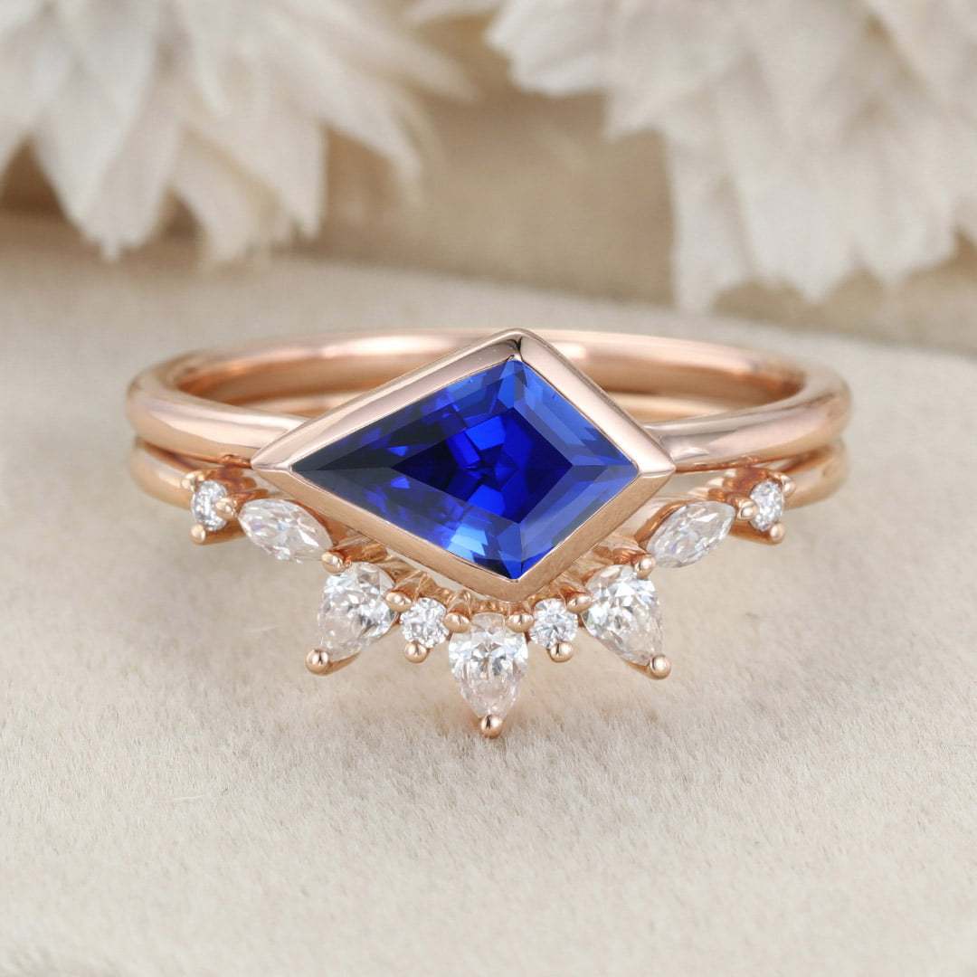 East West Bezel Engagement Ring Bezel Set Lab Sapphire Ring Set Rose Gold Moissanite Wedding Ring September birthstone