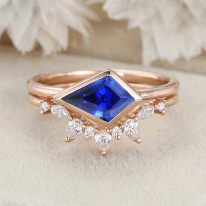 East West Bezel Engagement Ring Bezel Set Lab Sapphire Ring Set Rose Gold Moissanite Wedding Ring September birthstone