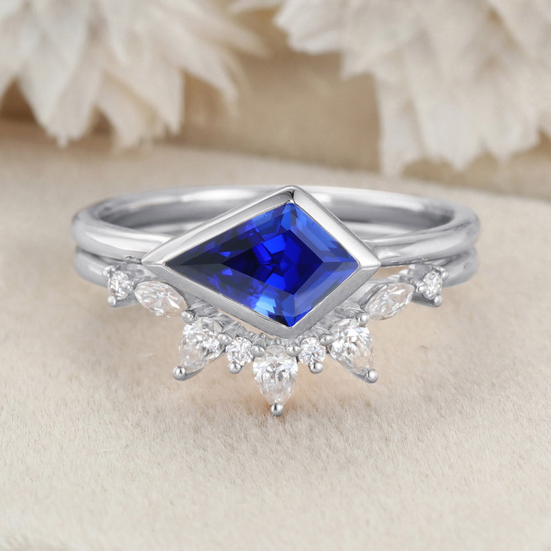 East West Bezel Engagement Ring Bezel Set Lab Sapphire Ring Set Rose Gold Moissanite Wedding Ring September birthstone
