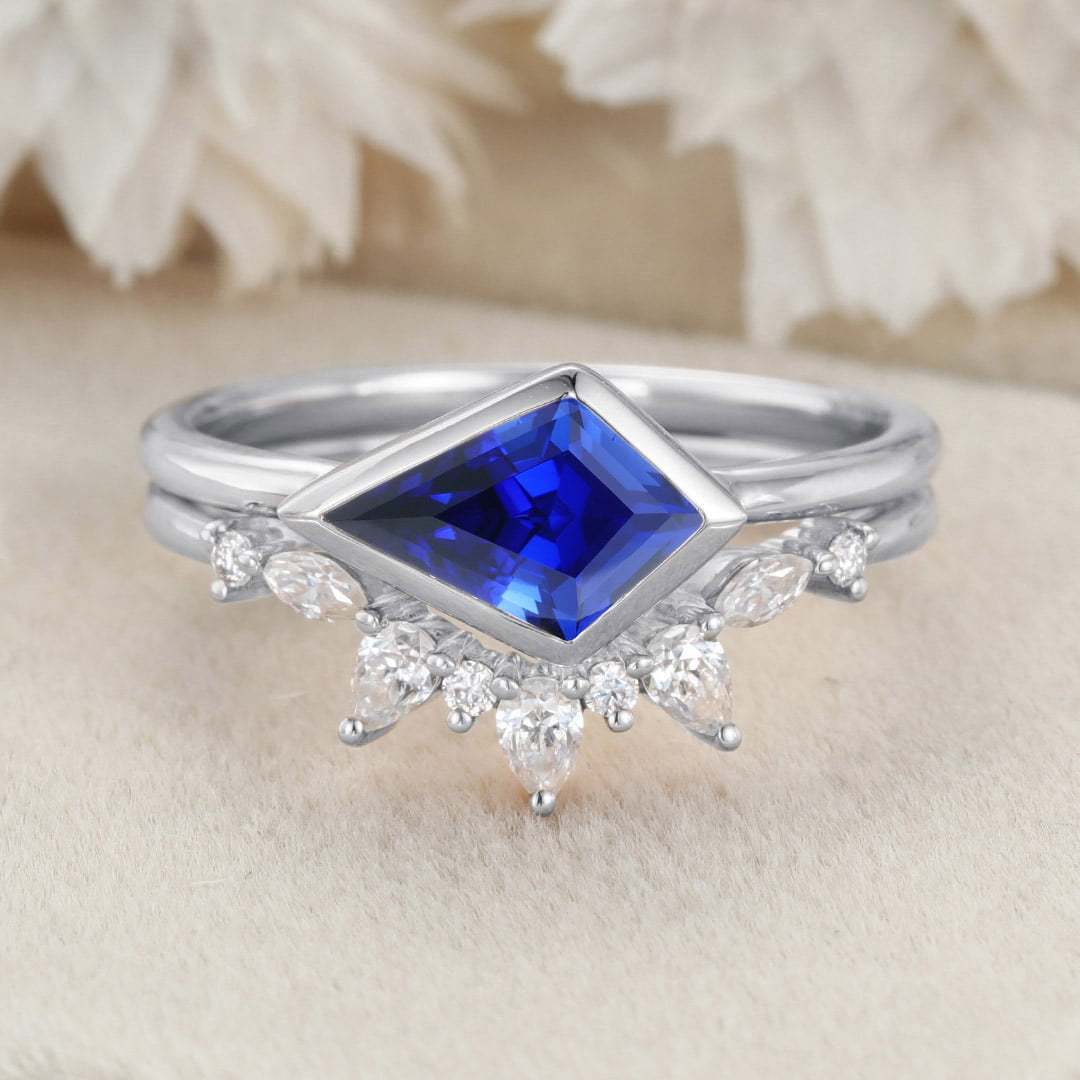 East West Bezel Engagement Ring Bezel Set Lab Sapphire Ring Set Rose Gold Moissanite Wedding Ring September birthstone