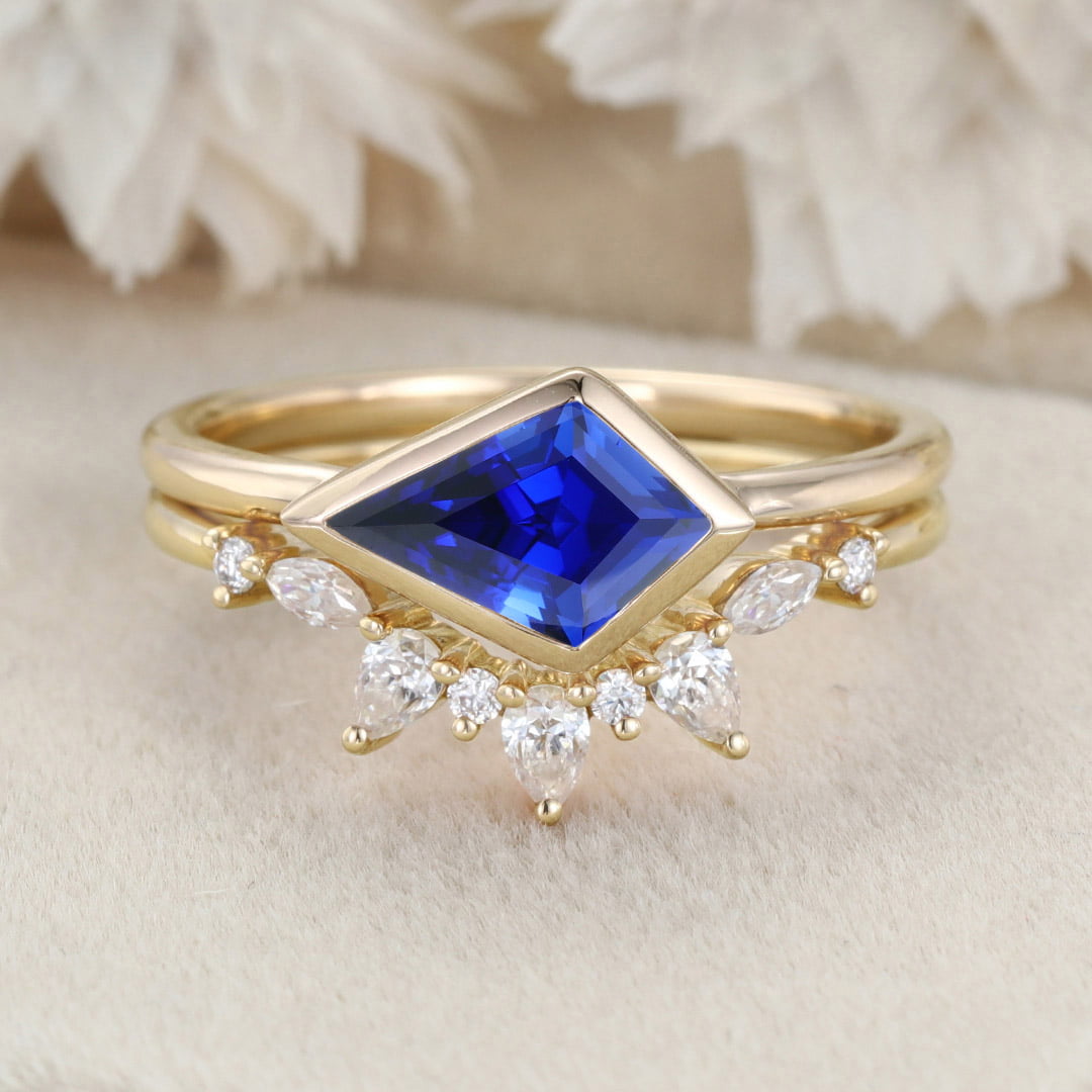 East West Bezel Engagement Ring Bezel Set Lab Sapphire Ring Set Rose Gold Moissanite Wedding Ring September birthstone