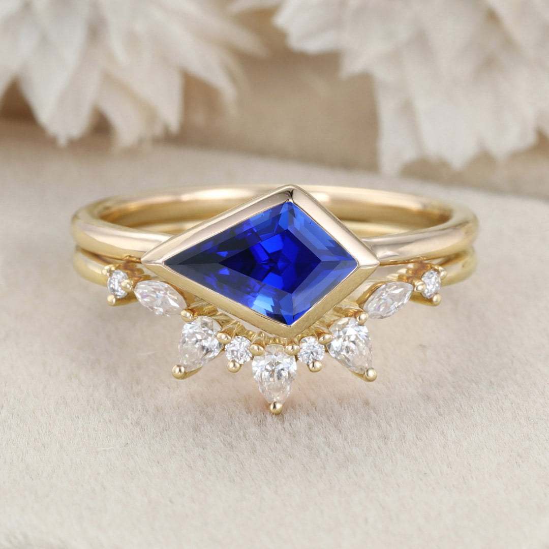 East West Bezel Engagement Ring Bezel Set Lab Sapphire Ring Set Rose Gold Moissanite Wedding Ring September birthstone