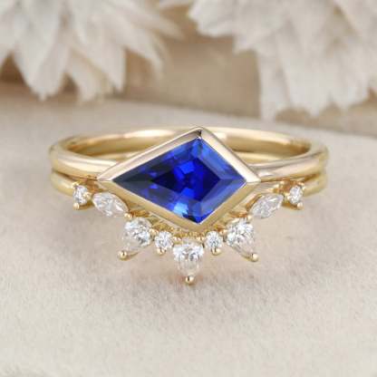 East West Bezel Engagement Ring Bezel Set Lab Sapphire Ring Set Rose Gold Moissanite Wedding Ring September birthstone