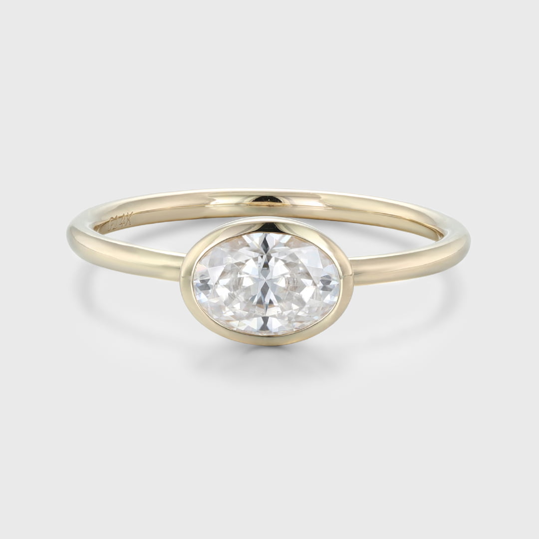 East West Bezel Set Oval Cut Moissanite Engagement Ring 14K Yellow Gold Wedding Ring Bezel Solitaire Ring
