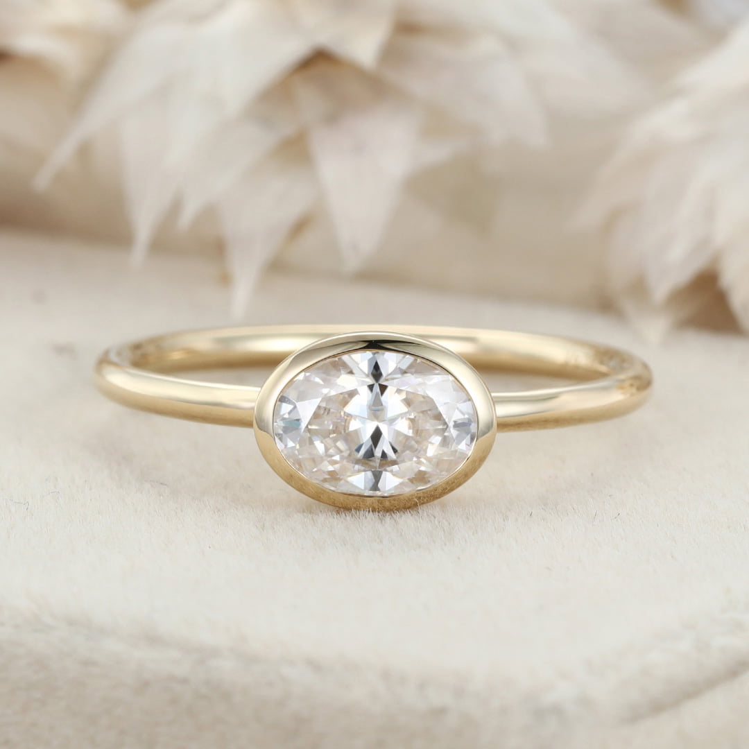 East West Bezel Set Oval Cut Moissanite Engagement Ring 14K Yellow Gold Wedding Ring Bezel Solitaire Ring