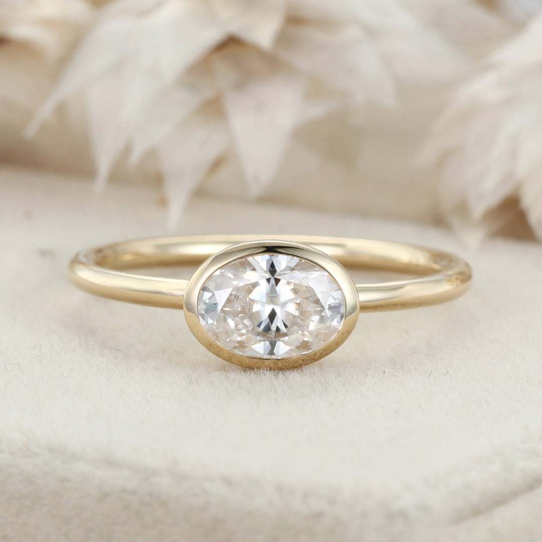 East West Bezel Set Oval Cut Moissanite Engagement Ring 14K Yellow Gold Wedding Ring Bezel Solitaire Ring