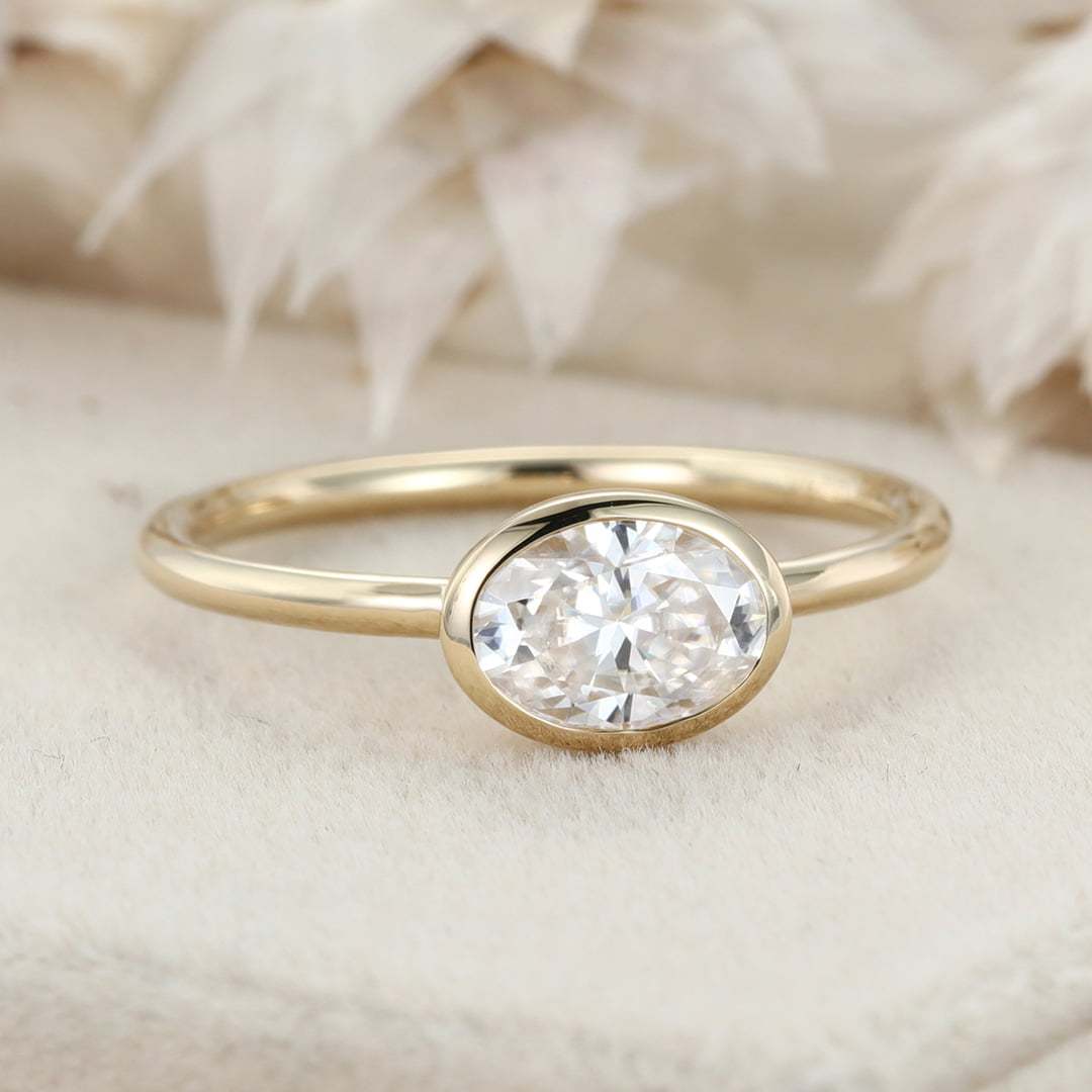 East West Bezel Set Oval Cut Moissanite Engagement Ring 14K Yellow Gold Wedding Ring Bezel Solitaire Ring